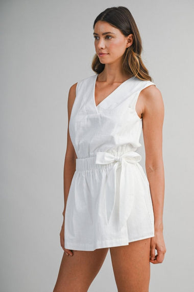 Elastic Waist Wrap Romper Off White