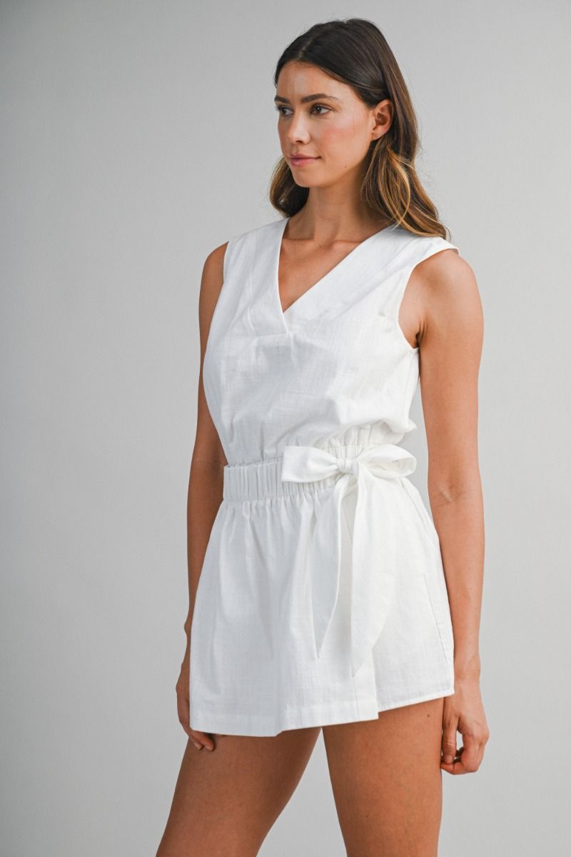 Load image into Gallery viewer, Elastic Waist Wrap Romper Off White
