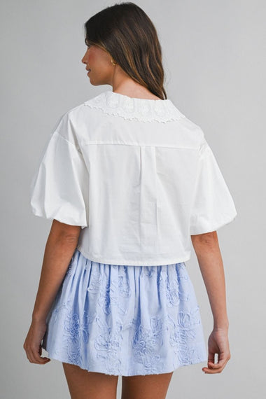 Embroidered Collar Sleeve Pintuck Blouse Off White