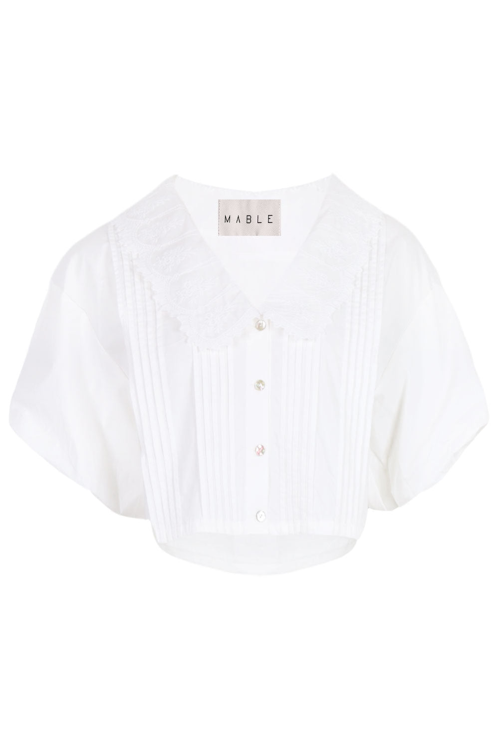 Embroidered Collar Sleeve Pintuck Blouse Off White