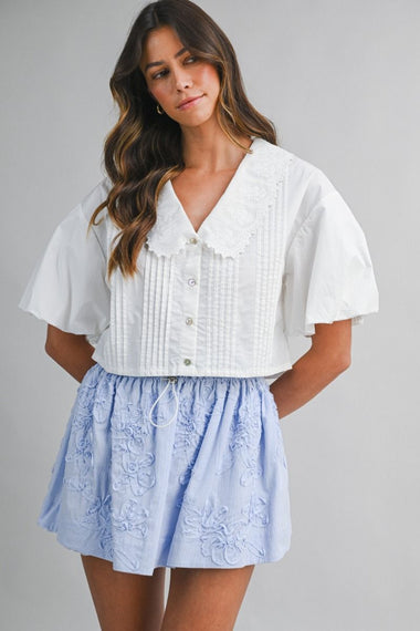 Embroidered Collar Sleeve Pintuck Blouse Off White