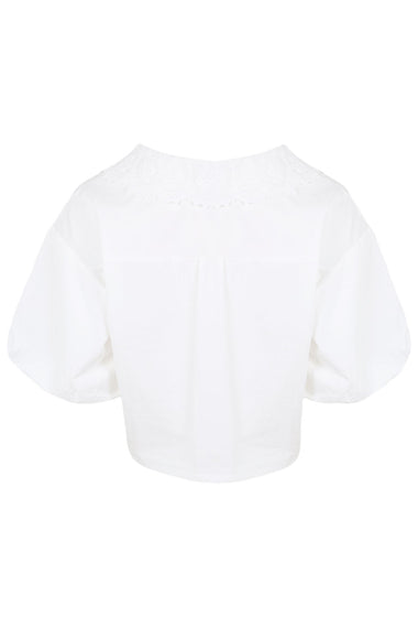 Embroidered Collar Sleeve Pintuck Blouse Off White