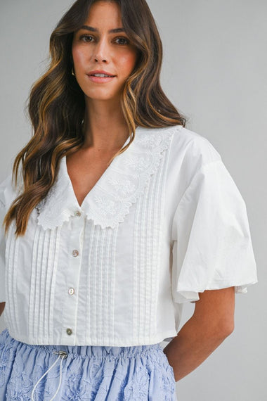Embroidered Collar Sleeve Pintuck Blouse Off White