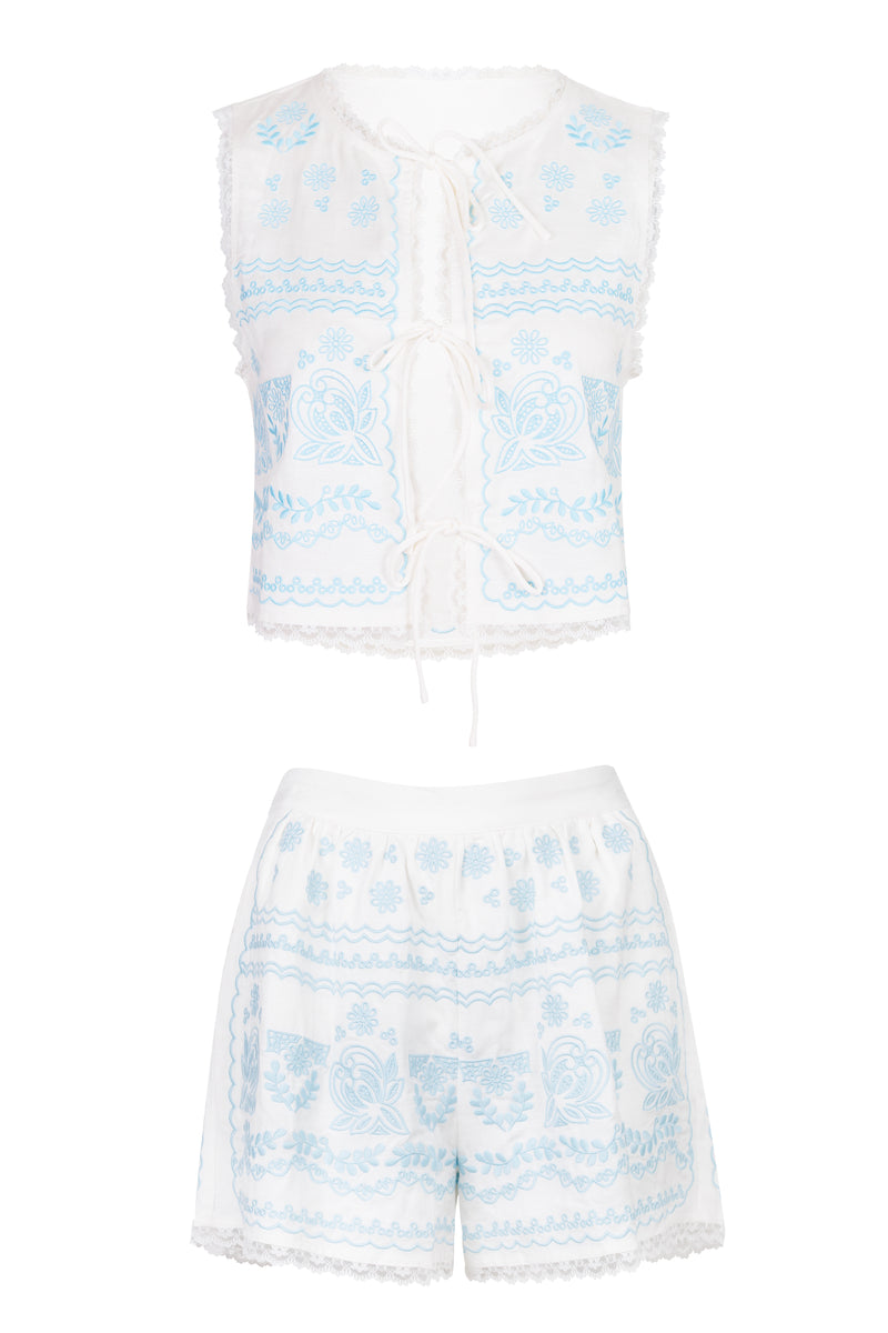 Embroidered Crop Top and Shorts Set Off White