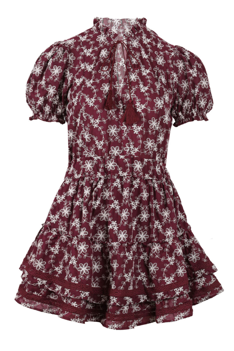 Embroidered Ruffle Mini Dress Wine