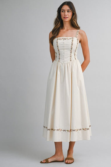Embroidered Stripe Midi Dress Ecru