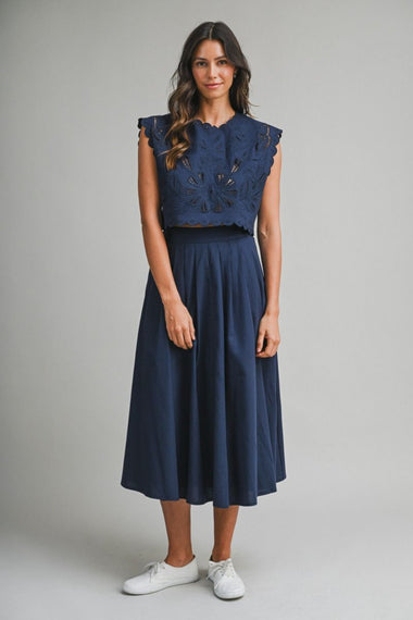 Embroidery Crop Top and Midi Skirt Set Navy
