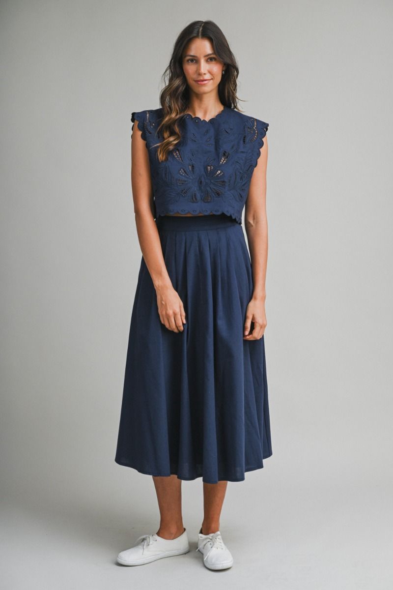 Load image into Gallery viewer, Embroidery Crop Top and Midi Skirt Set Navy
