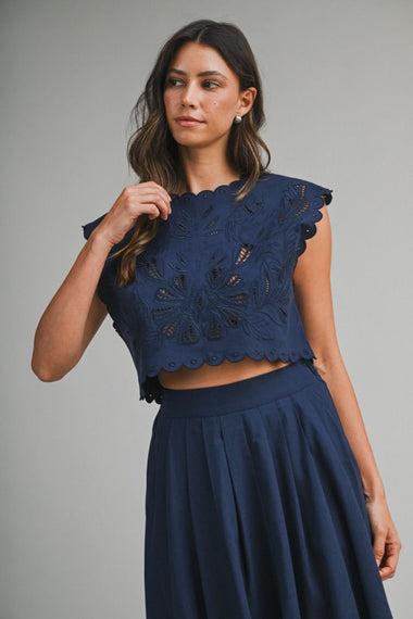 Embroidery Crop Top and Midi Skirt Set Navy