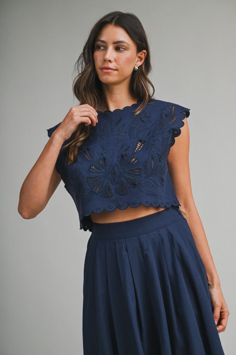 Load image into Gallery viewer, Embroidery Crop Top and Midi Skirt Set Navy
