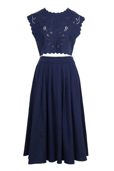 Embroidery Crop Top and Midi Skirt Set Navy