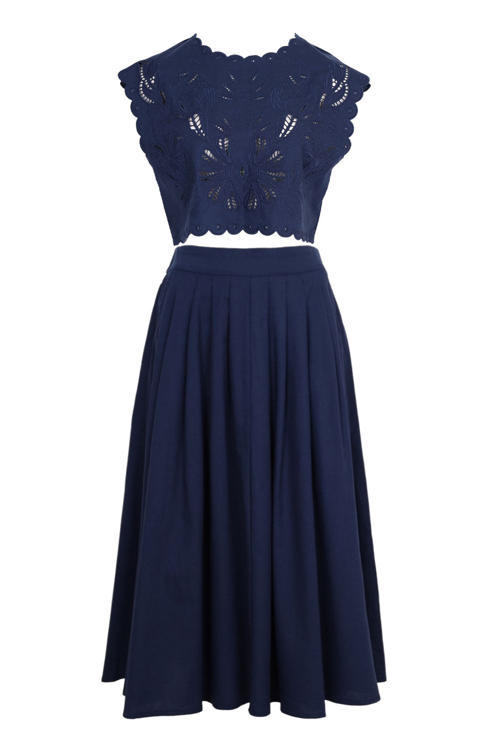 Load image into Gallery viewer, Embroidery Crop Top and Midi Skirt Set Navy
