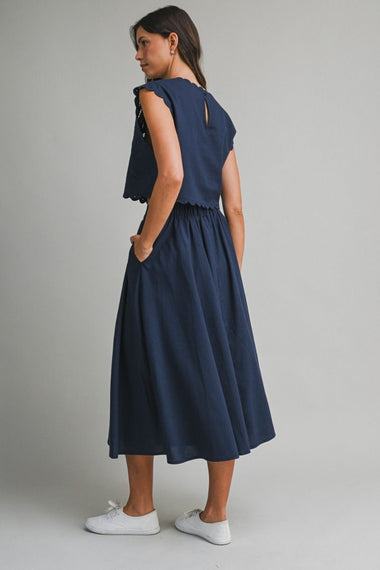 Embroidery Crop Top and Midi Skirt Set Navy