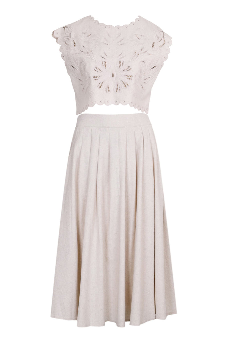 Embroidery Crop Top and Midi Skirt Set Oatmeal