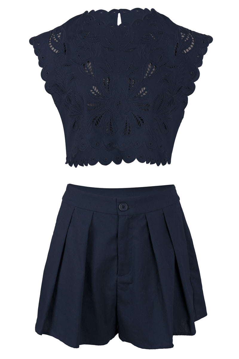Embroidery Crop Top and Shorts Set Navy