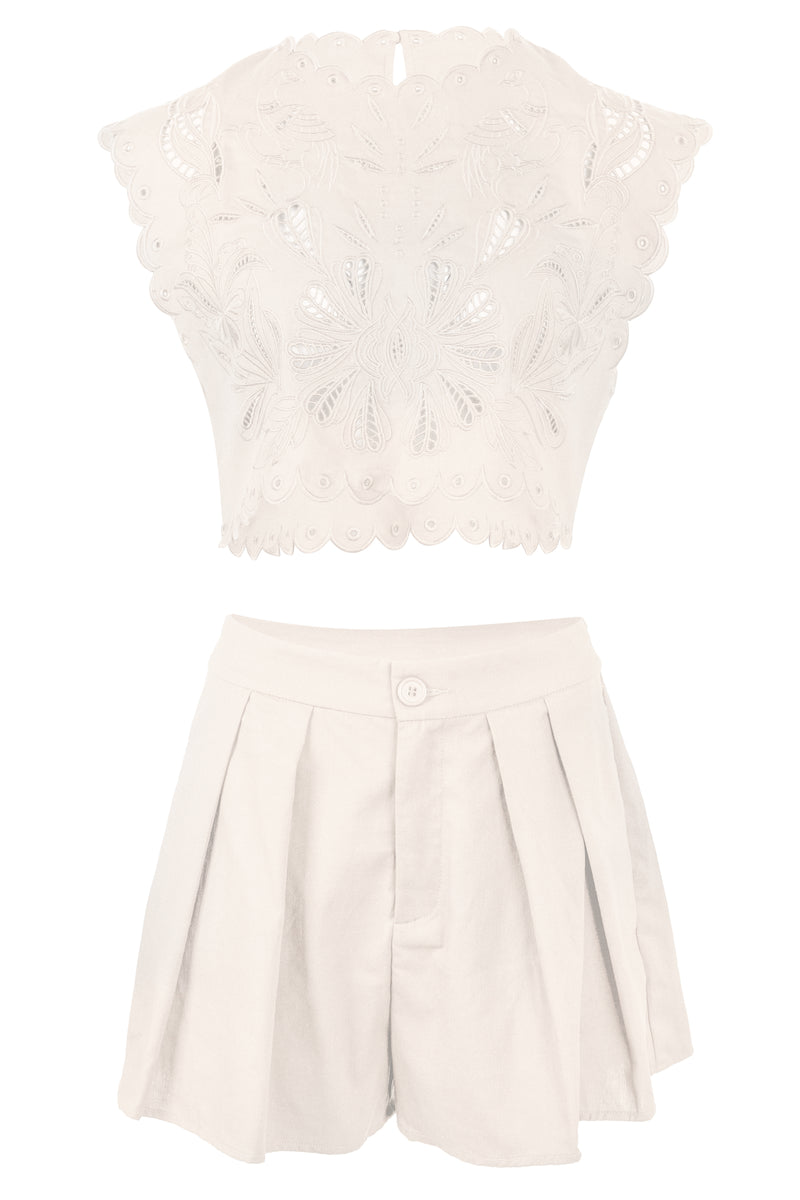 Embroidery Crop Top and Shorts Set Oatmeal