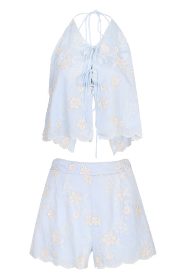 Embroidery Halter Neck Top and Shorts Set Blue