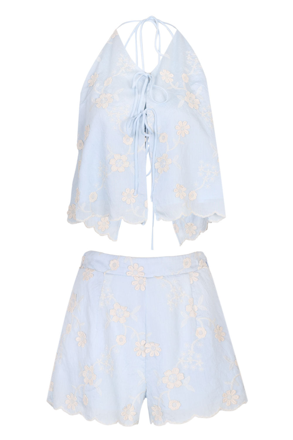 Load image into Gallery viewer, Embroidery Halter Neck Top and Shorts Set Blue
