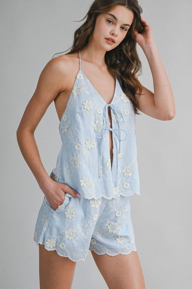 Embroidery Halter Neck Top and Shorts Set Blue
