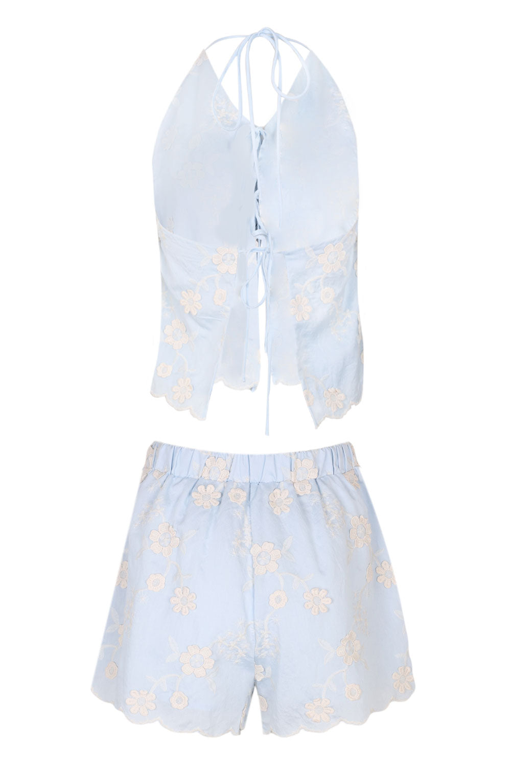 Load image into Gallery viewer, Embroidery Halter Neck Top and Shorts Set Blue
