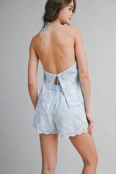 Embroidery Halter Neck Top and Shorts Set Blue
