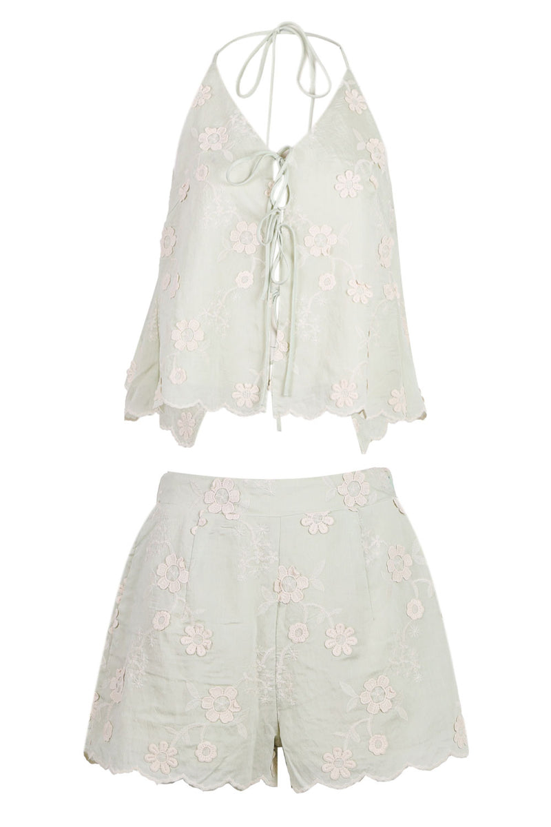 Embroidery Halter Neck Top and Shorts Set Sage