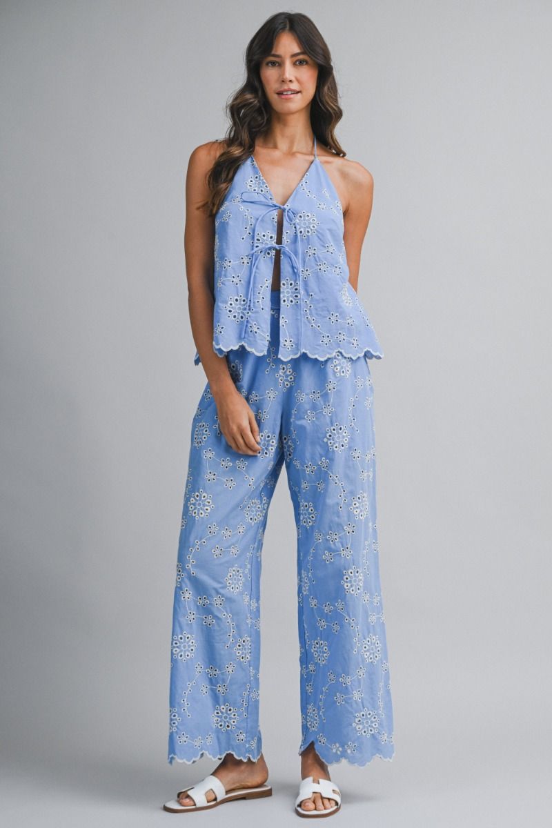 Embroidery Halter Top and Pants Blue