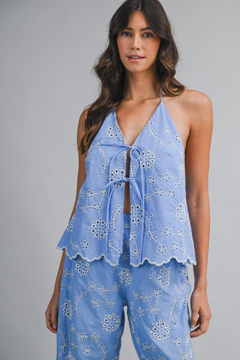 Load image into Gallery viewer, Embroidery Halter Top and Pants Blue
