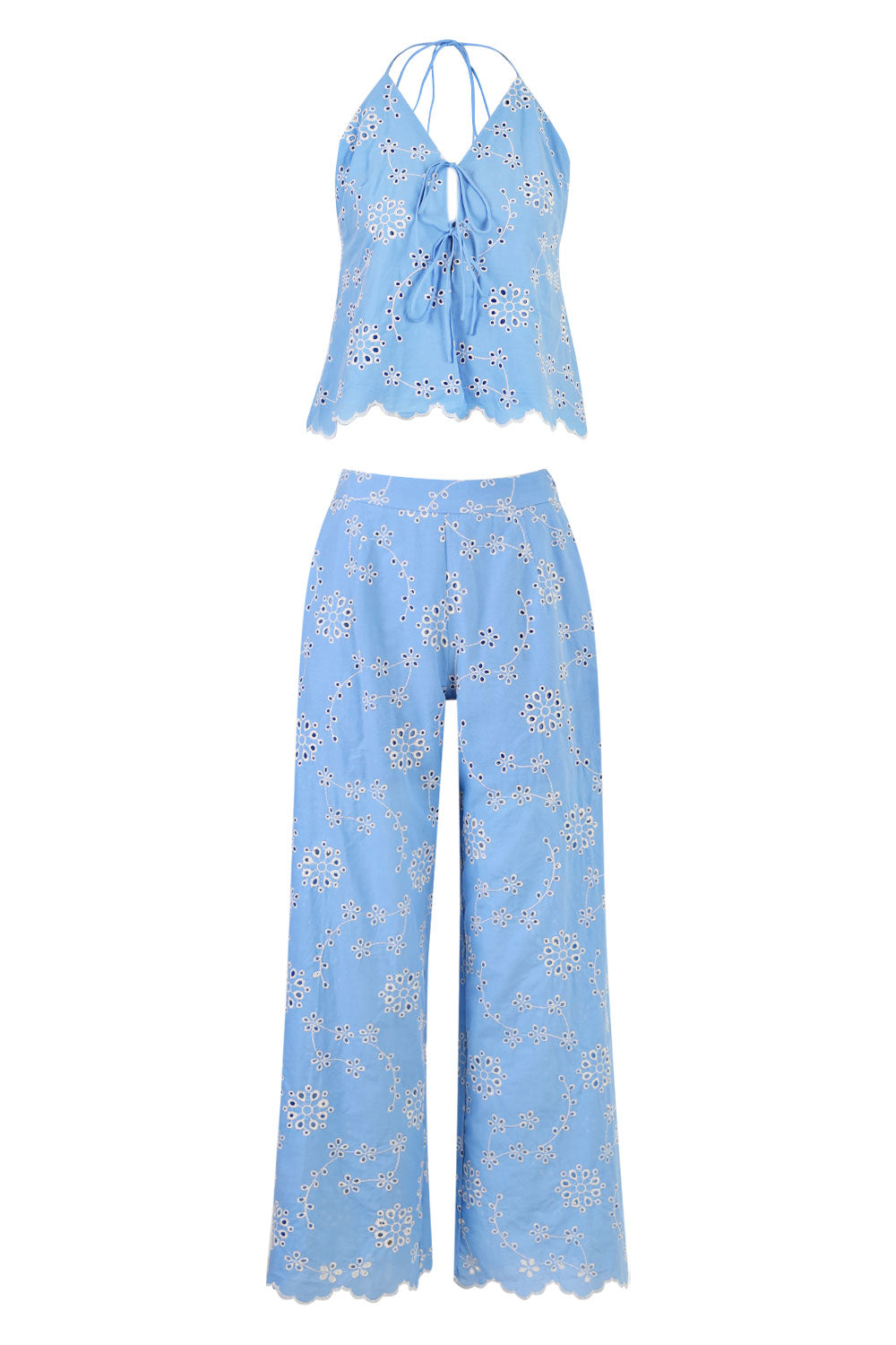Embroidery Halter Top and Pants Blue