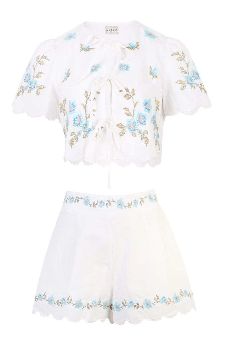 Embroidery Short Sleeve Top and Shorts Set Blue