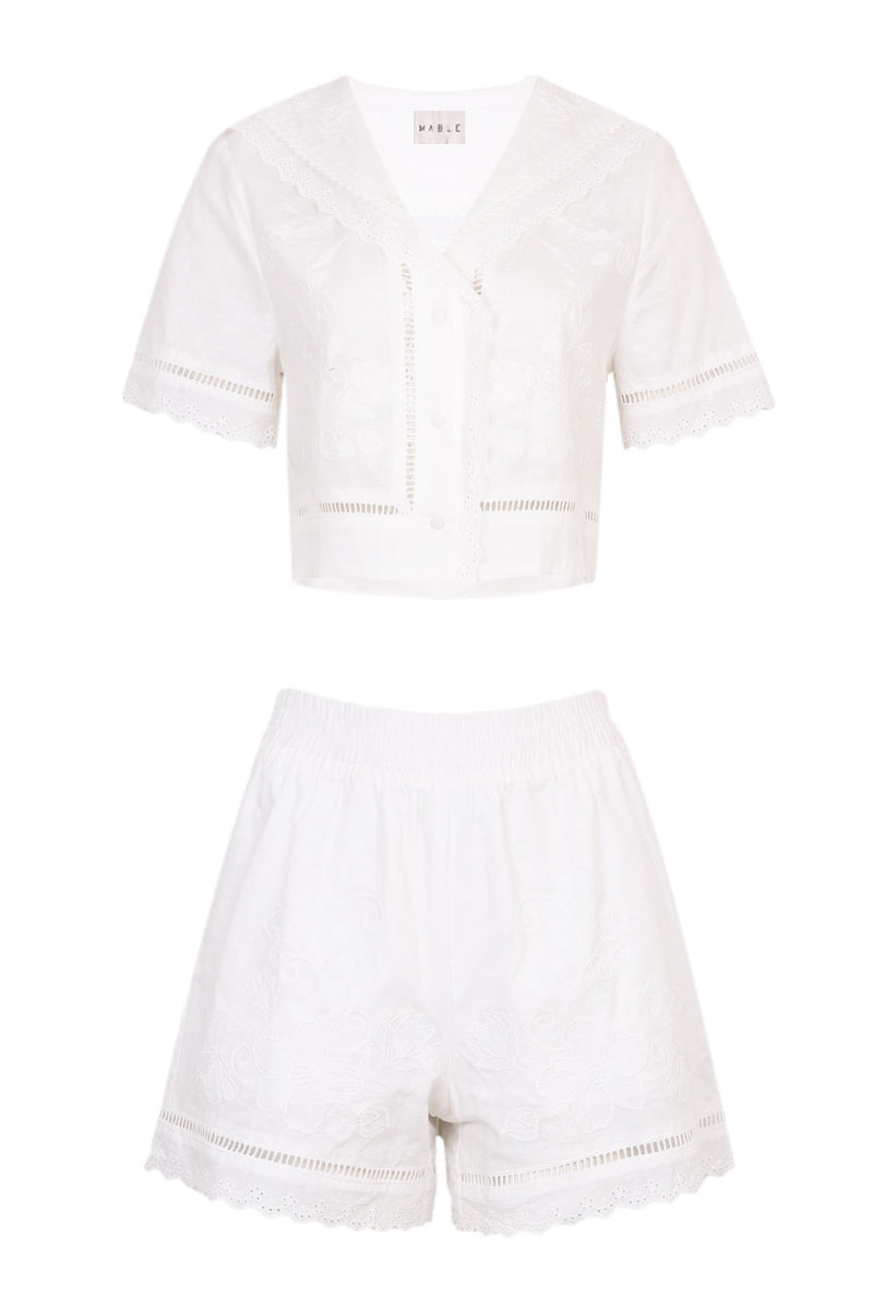 Embroidery Short Sleeve Top and Shorts Set Off White