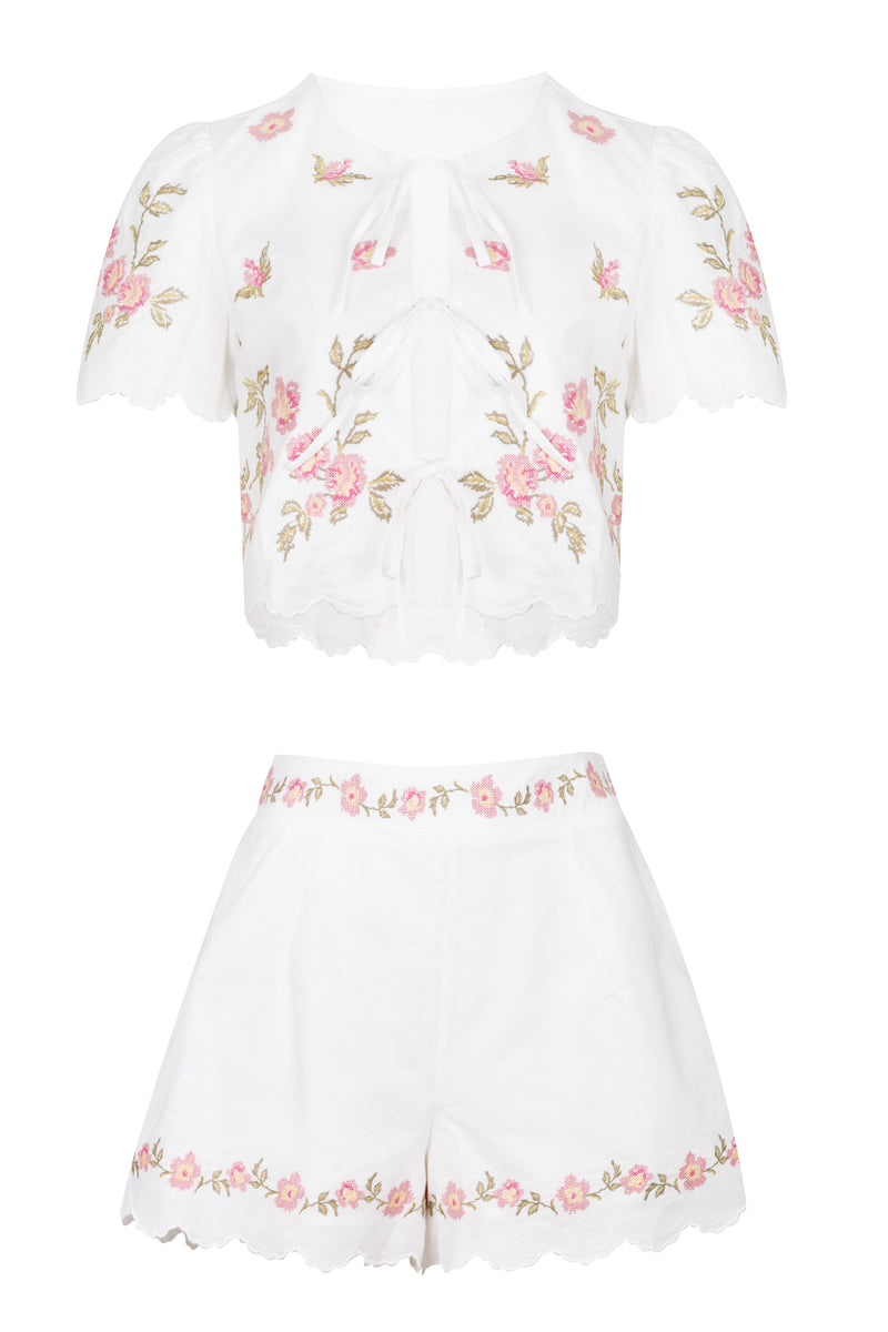 Embroidery Short Sleeve Top and Shorts Set Pink