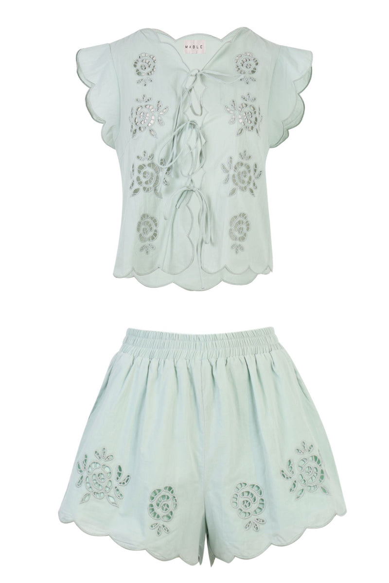 Embroidery Sleeveless Top and Shorts Set Mint