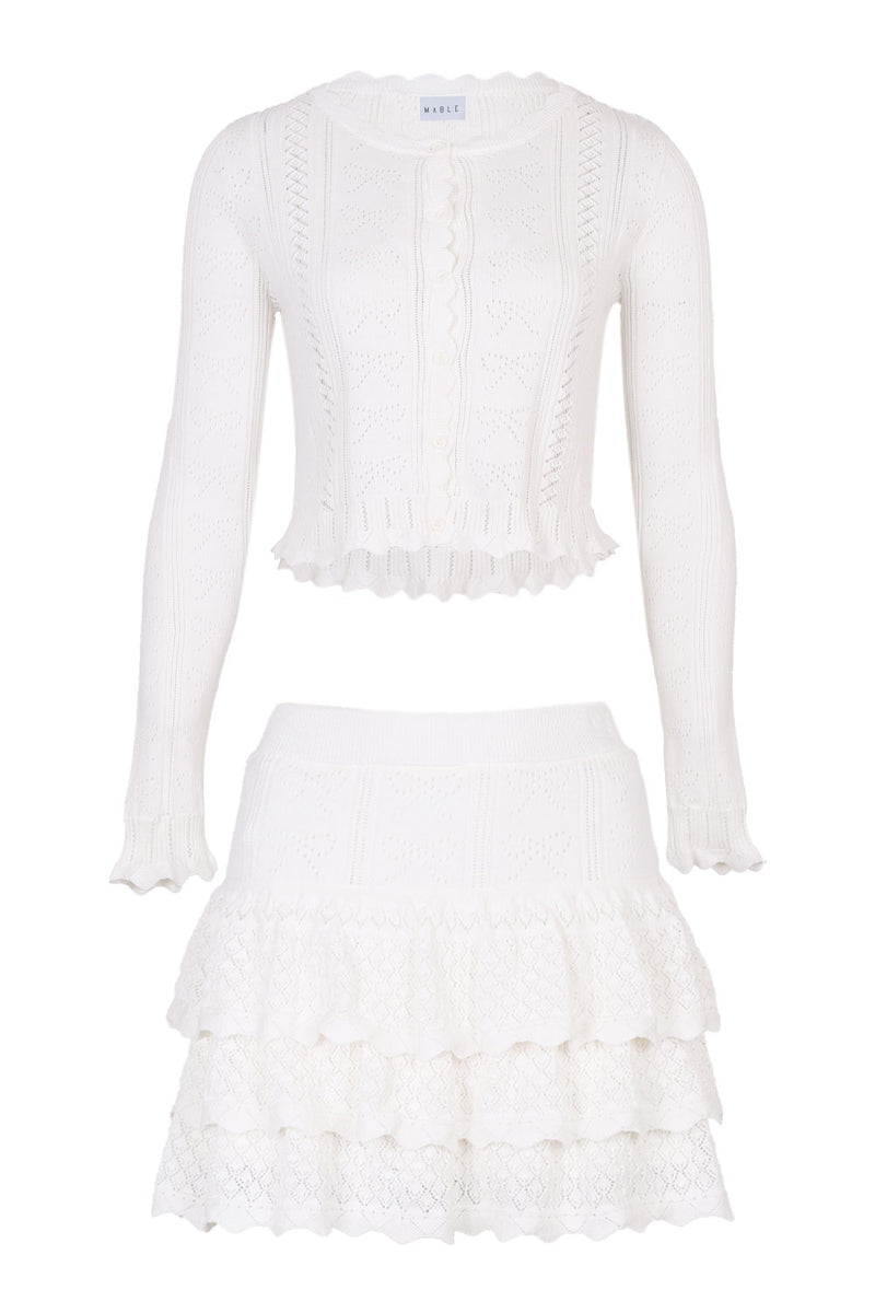 Bow Pointelle Cardigan and Skirt Set Off White