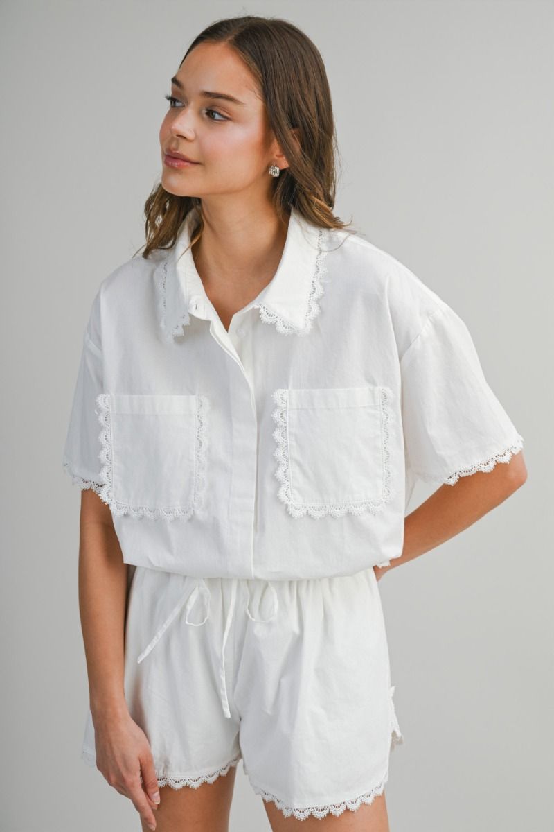 Load image into Gallery viewer, Eve Lace Shirt and Short Set Off White
