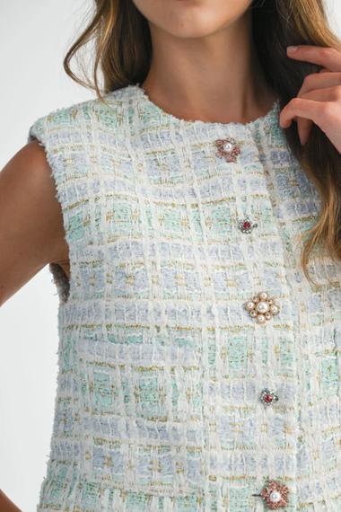 Evonne Tweed Jewel Button Vest Seagreen