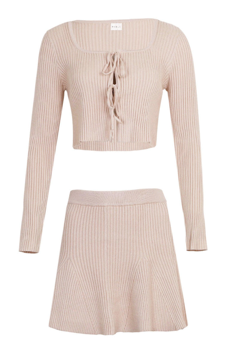 Feline Bow Tied Knit Cardigan and Mini Skirt Set Taupe