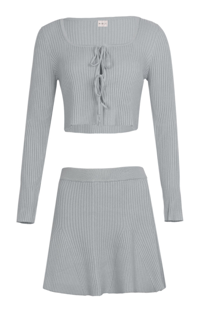 Feline Bow Tied Knit Cardigan and Mini Skirt Set Grey