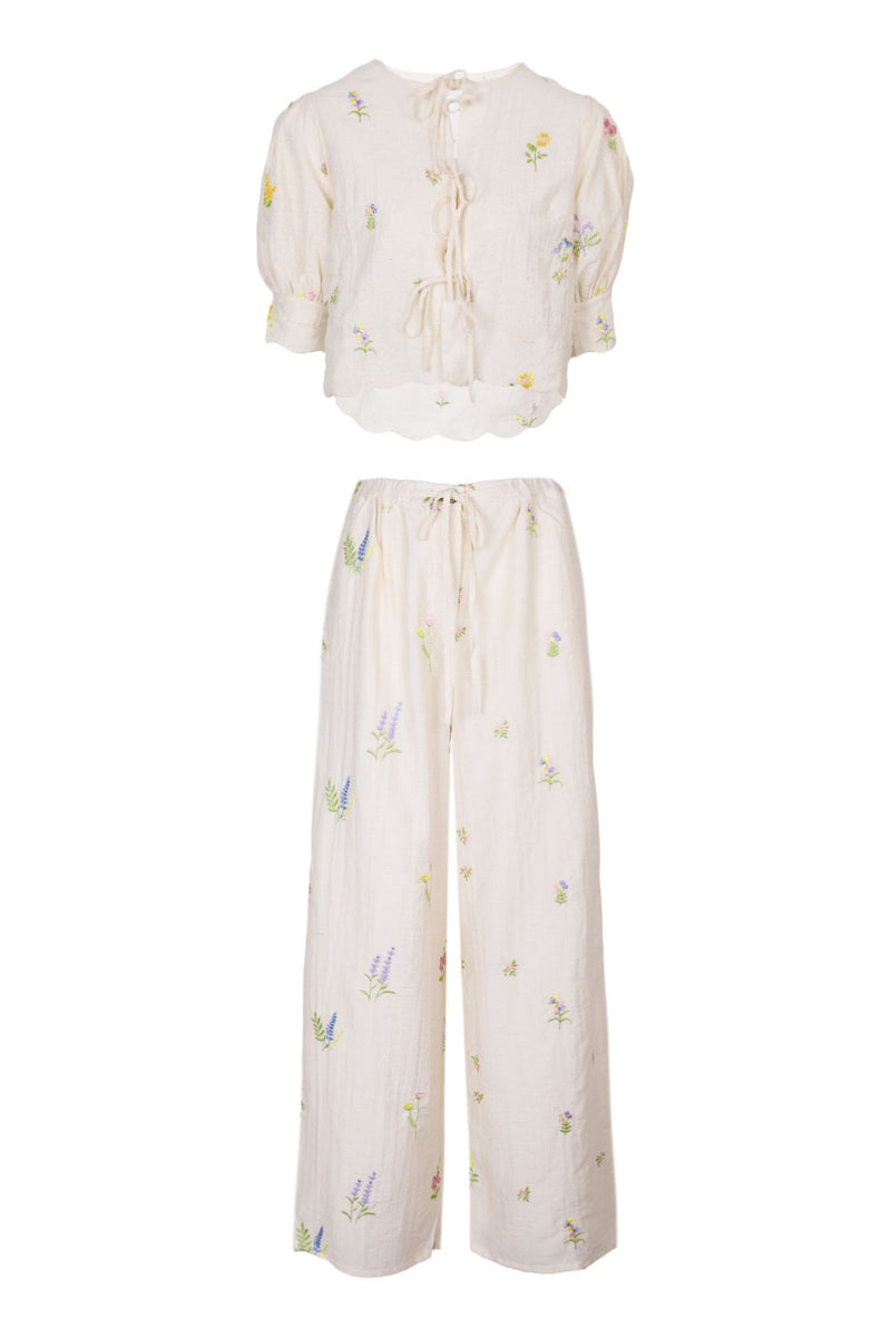 Floral Embroidered Top and Pants Set Cream