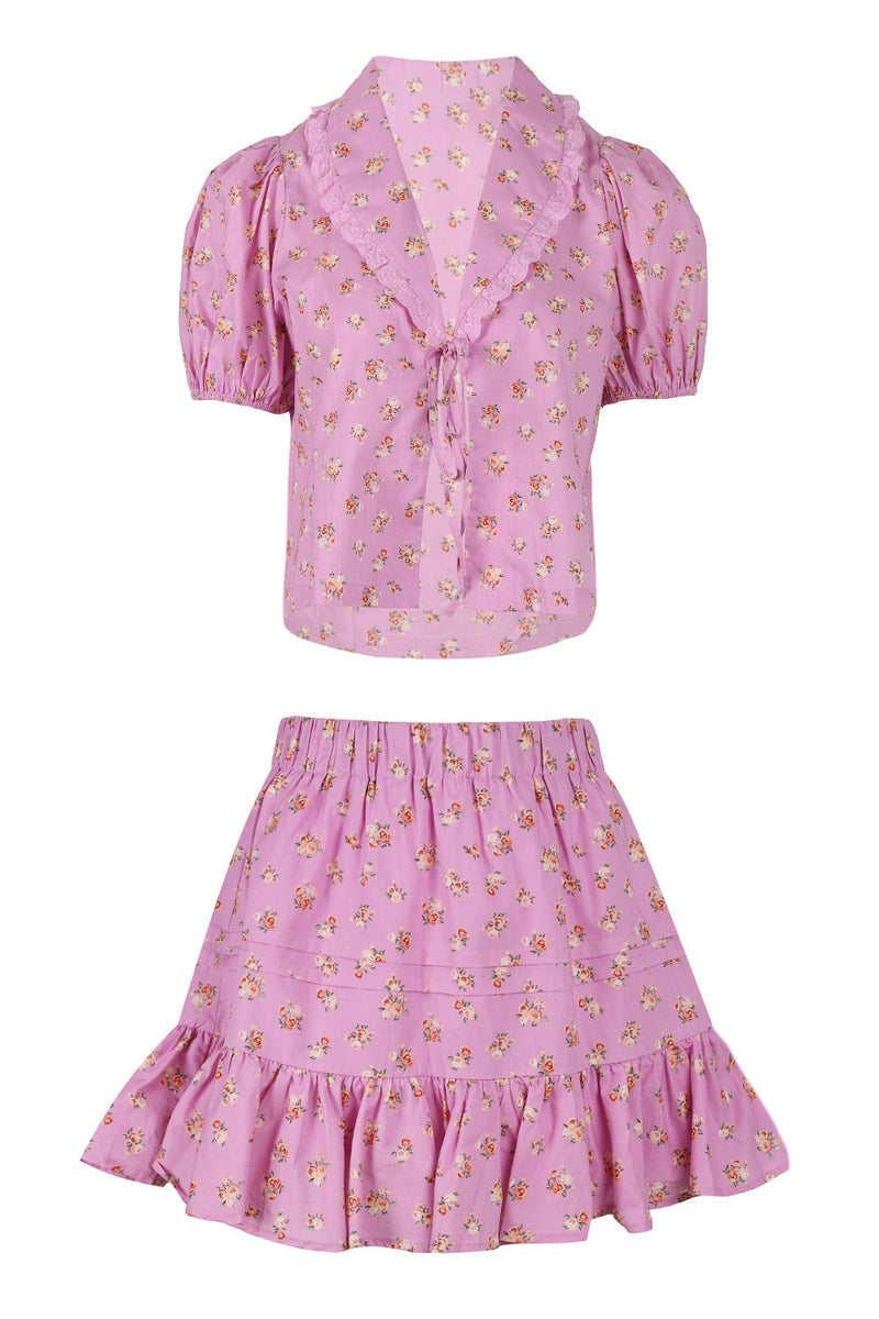 Floral Lace Blouse and Mini Skirt Set Pink Lavander
