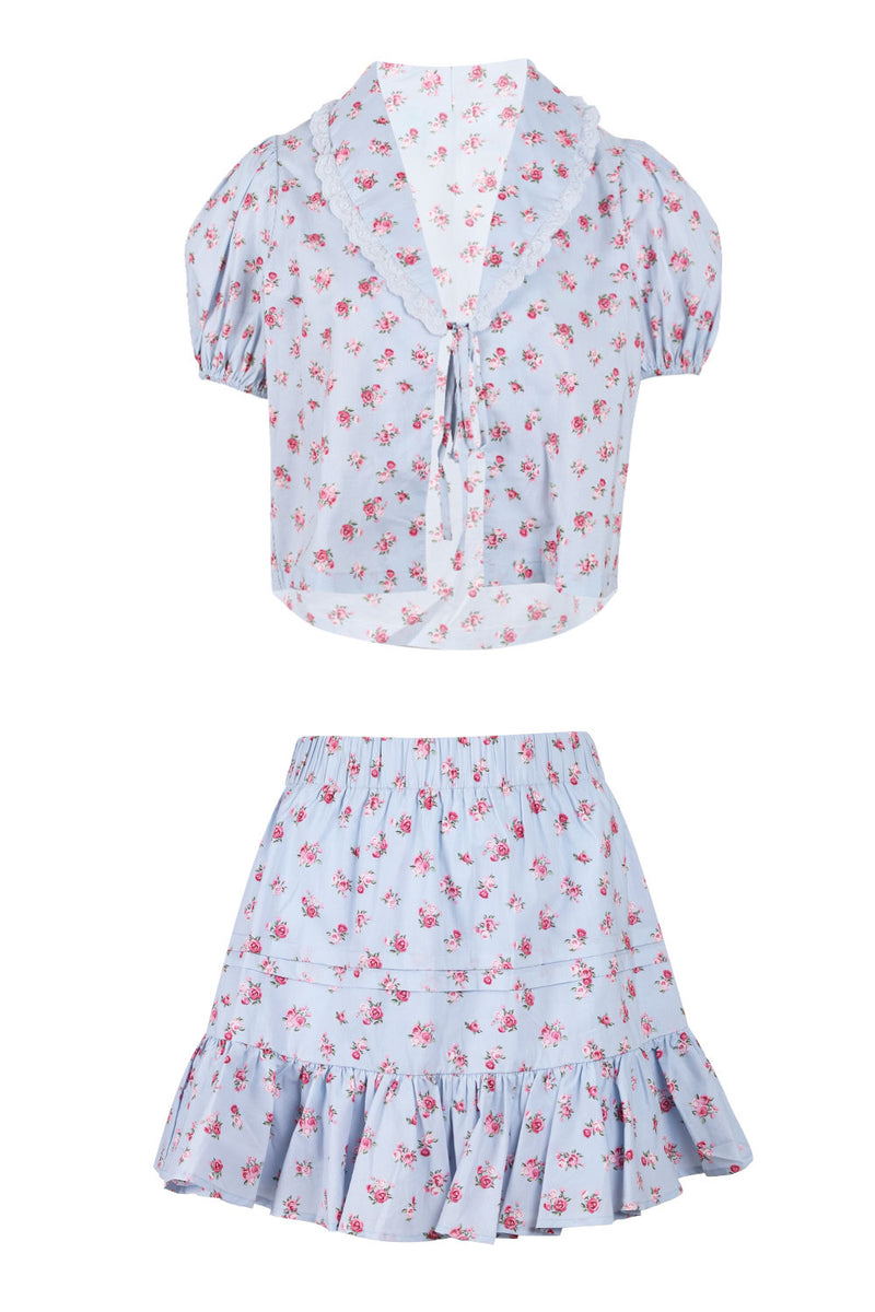 Floral Lace Blouse and Mini Skirt Set Blue
