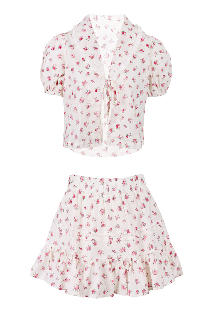 Floral Lace Blouse and Mini Skirt Set Cream