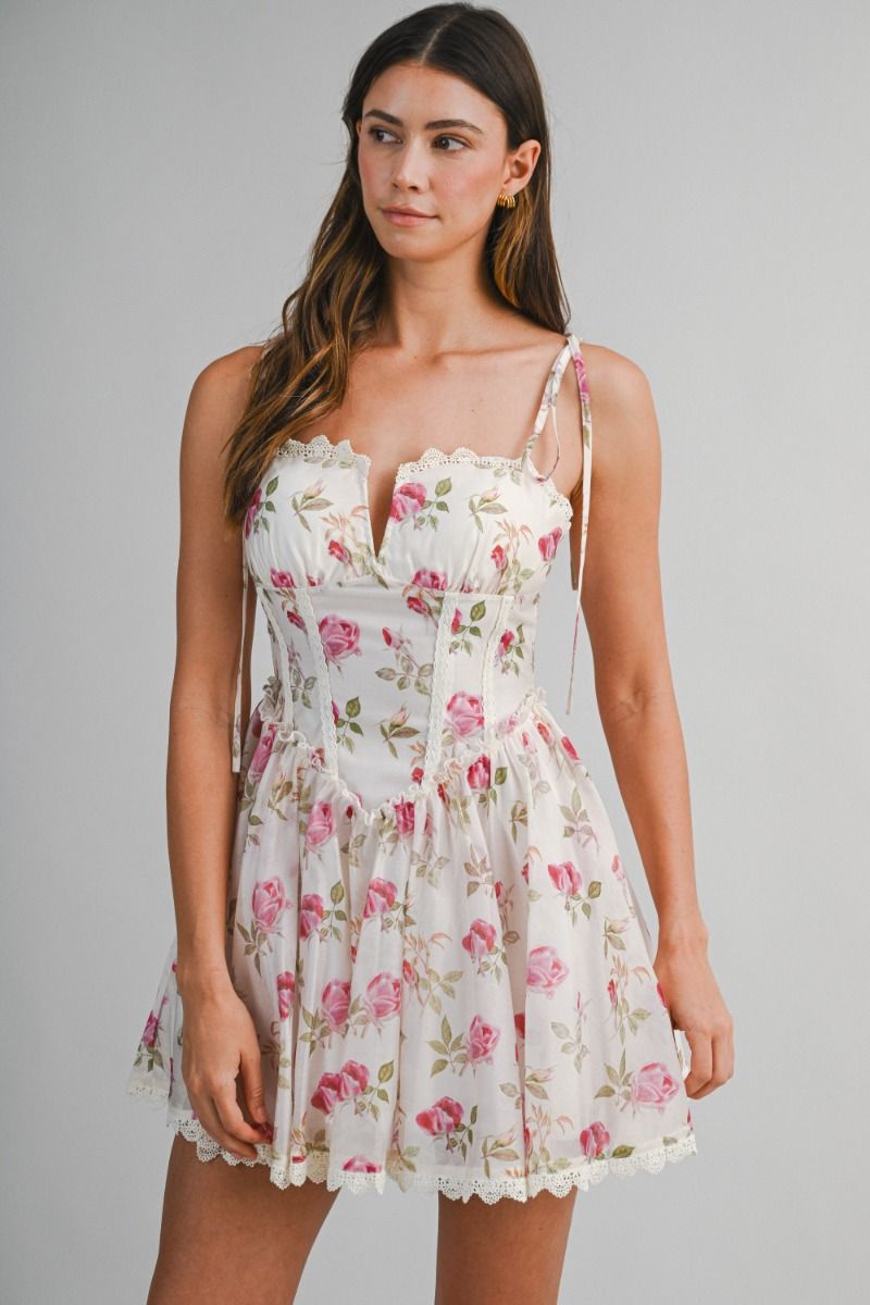 Load image into Gallery viewer, Floral Print Mini Dress Cream
