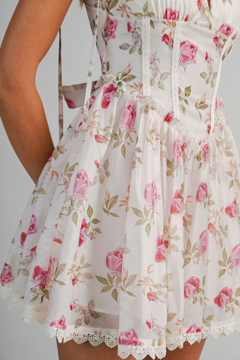 Load image into Gallery viewer, Floral Print Mini Dress Cream
