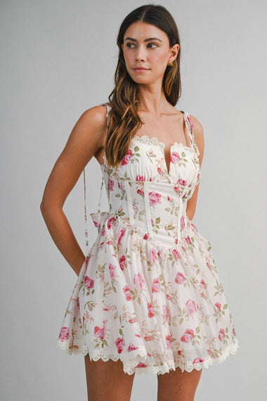 Floral Print Mini Dress Cream