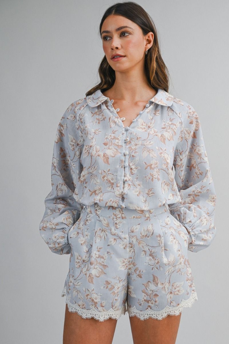 Load image into Gallery viewer, Floral Print Shirt and Short Set Light Blue
