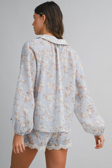 Floral Print Shirt and Short Set Light Blue