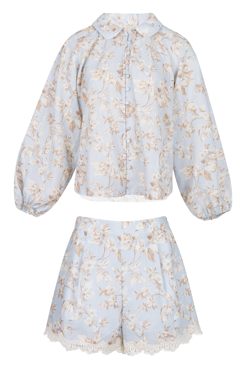 Floral Print Shirt and Short Set Light Blue