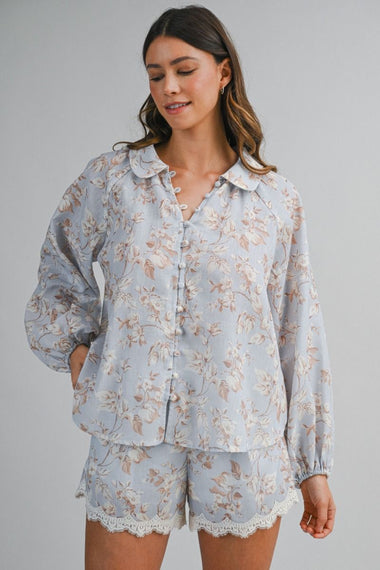 Floral Print Shirt and Short Set Light Blue
