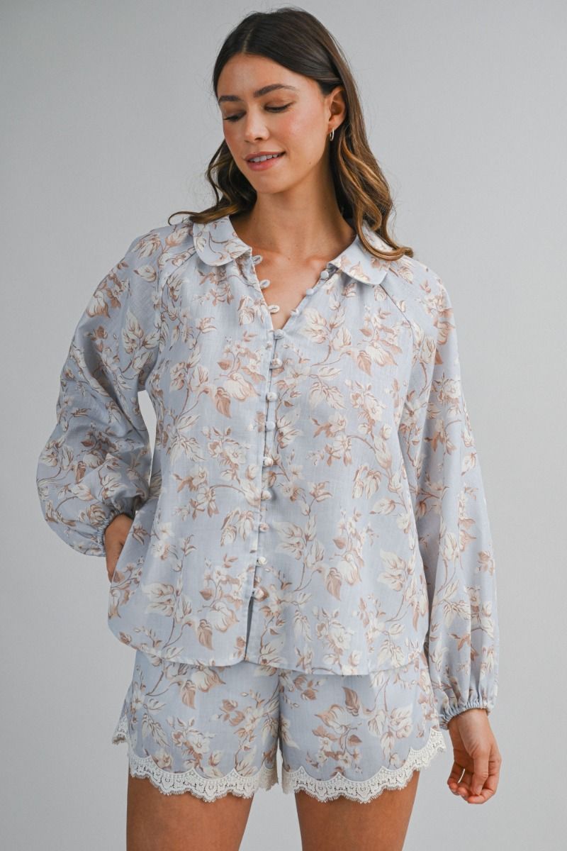 Load image into Gallery viewer, Floral Print Shirt and Short Set Light Blue

